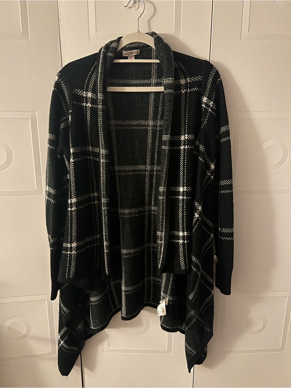 Merona Black & White Plaid Open-Front Draped Asymmetrical Cardigan XS
